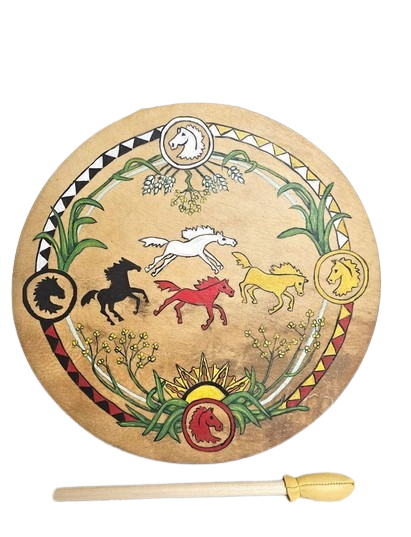 Native American Cherokee Buffalo Hide Drum - Wild Horses