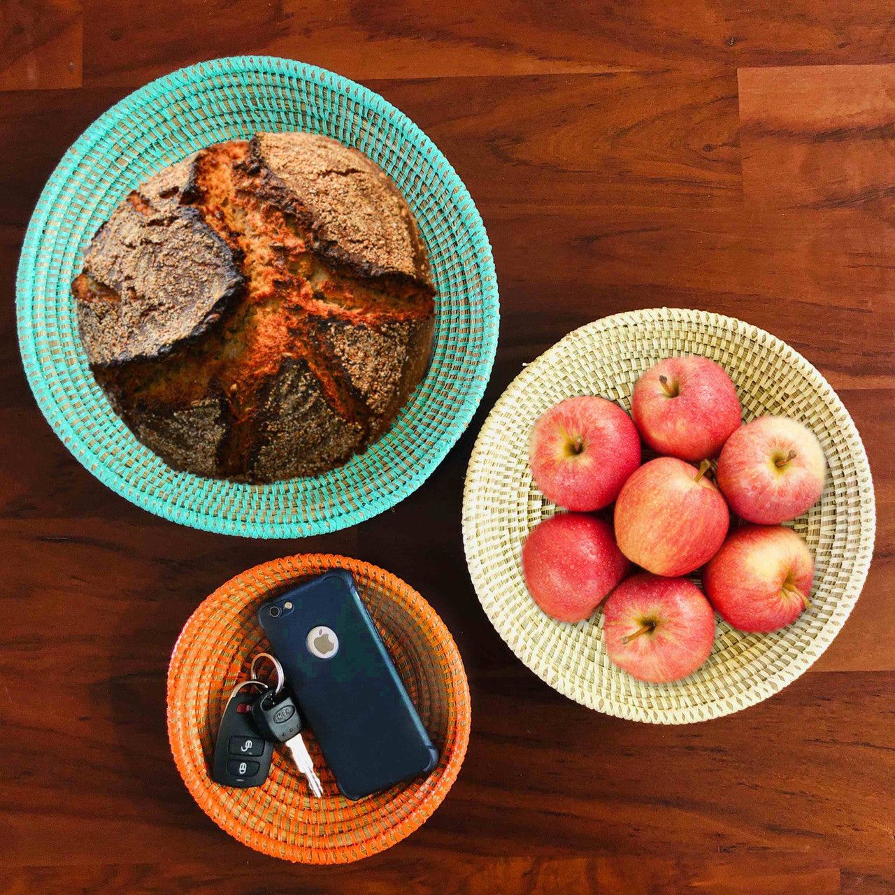 Serving Baskets Set of 3 Turquoise Orange White