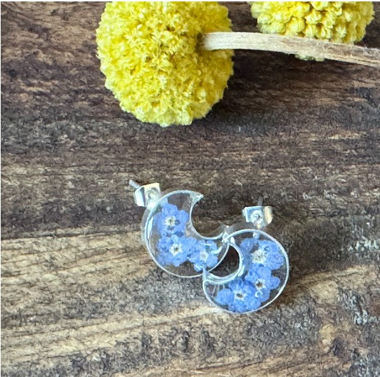Pressed Mixed Flowers Moon Shaped Earrings
