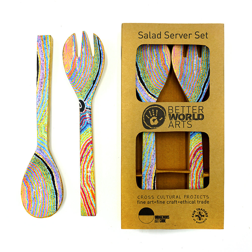 Wooden Salad Server Set Artist Nora Liddy Napanangka-Walker