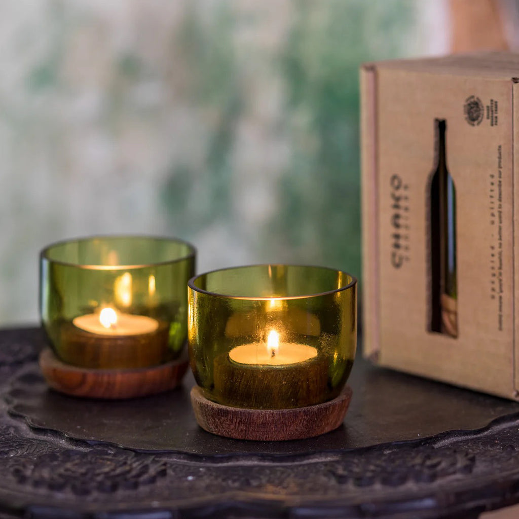 Set of Two Upcycled Olive Green Votive Candle Holders