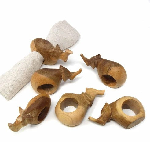 Elephant Mahogany Napkin Rings Set of 6