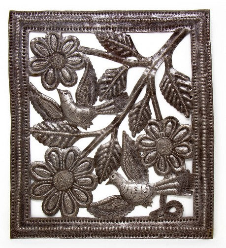 Framed Flowers & Birds Haitian Metal Art