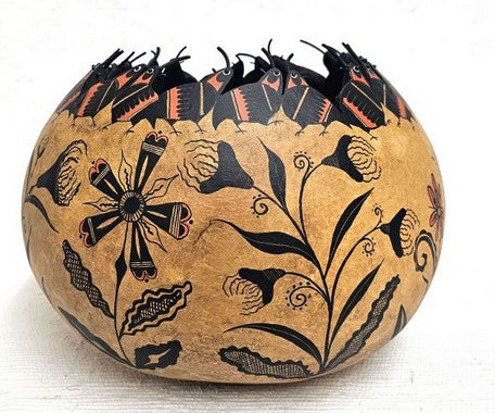 Quail and Floral Gourd Pot