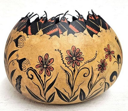 Quail and Floral Gourd Pot