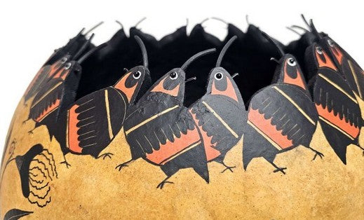 Quail and Floral Gourd Pot