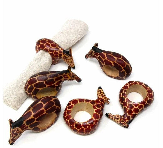 Giraffe Mahogany Napkin Rings Set of 6