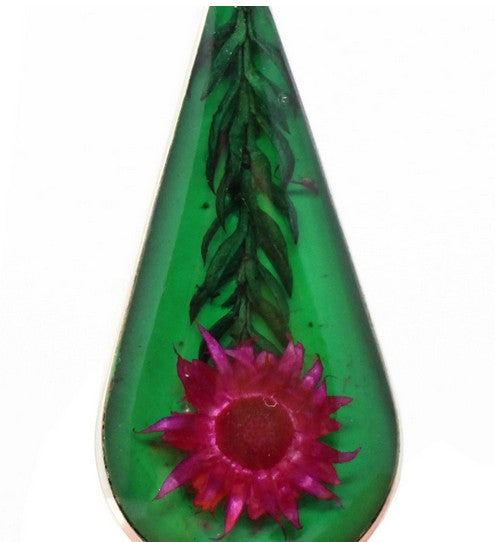 Pressed Pink Flower Tear Drop Earring