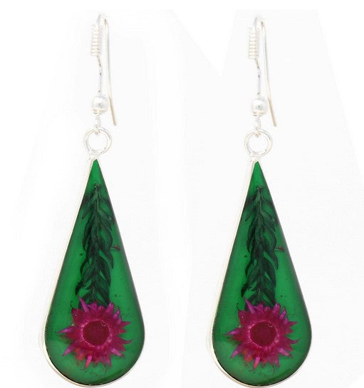 Pressed Pink Flower Tear Drop Earring