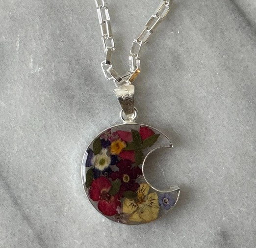 Moon Shaped Floral Pendant with Chain