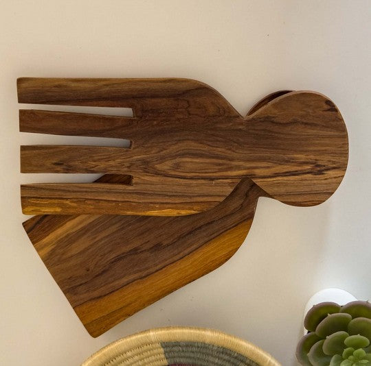 Olivewood Four Prong Short Handle Salad Servers