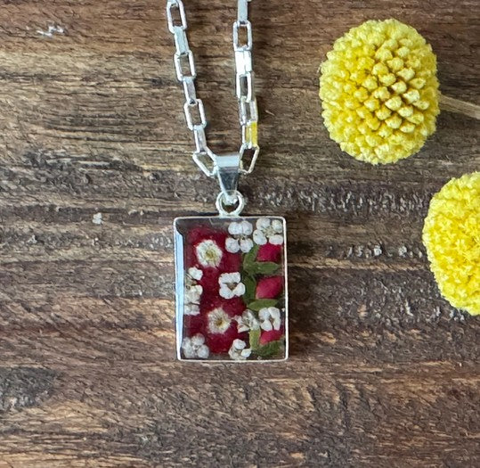 Pressed Mixed Flowers Pendant with Alpaca Silver Chain